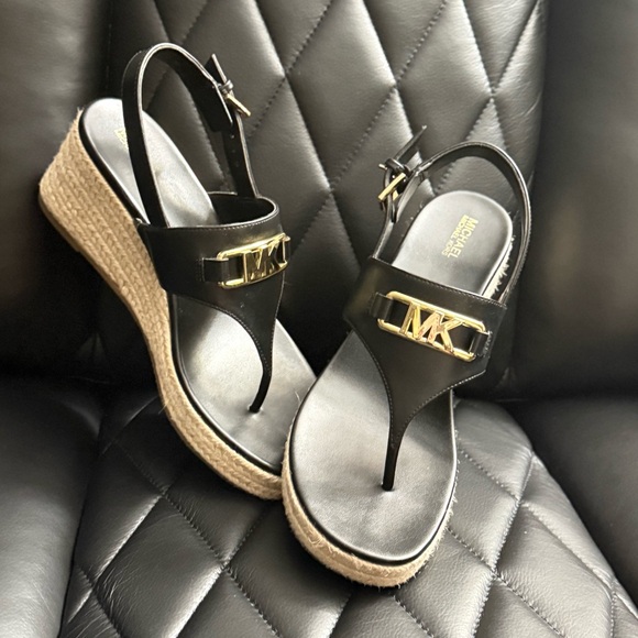 Michael Kors Shoes - Michael Kors Logo Camila Wedge Sandals (Black)